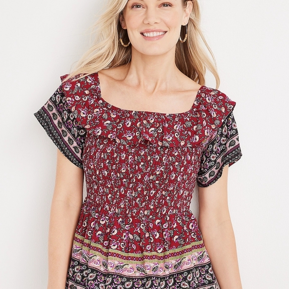 Mixed Print Smocked Off The Shoulder Top, Large, Maurice's